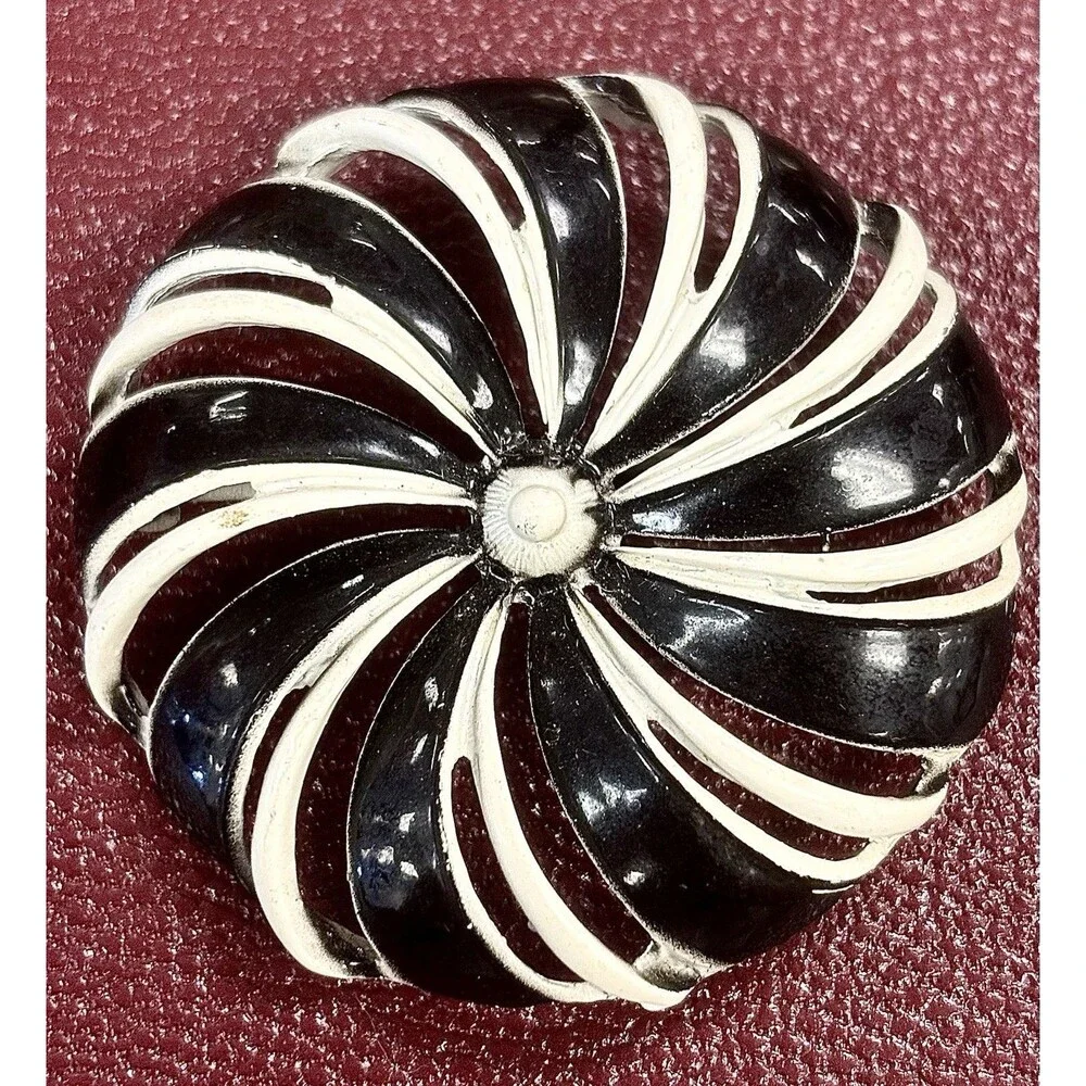 Vintage Black White Swirl Brooch Pin Mid Century Mod Atomic Statement Jewelry